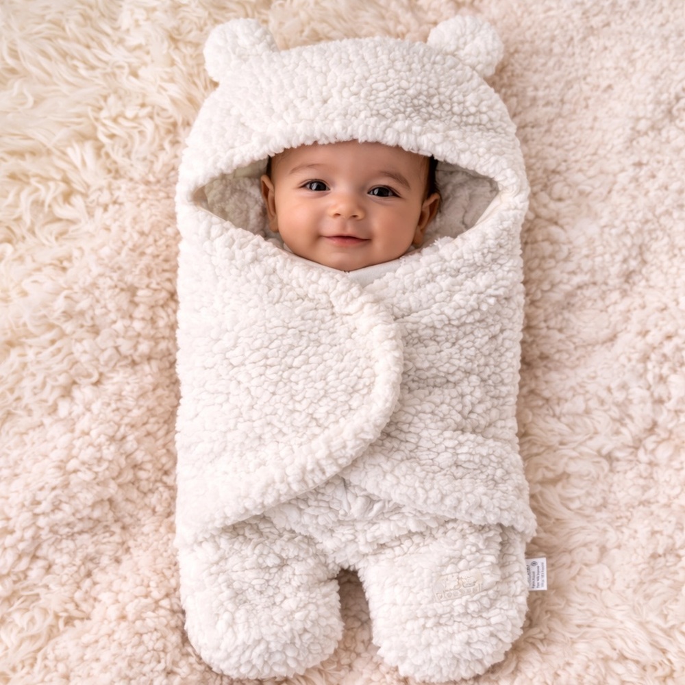 Blue Snail Teddy Bear Sherpa Baby Bunting (White) 0–6M